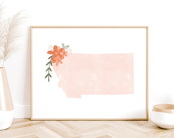 Montana state blush with flowers watercolor print, Western wall art, home decor, gift for Montana native, Helena, Billings, Rocky Mountains