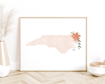 North Carolina Blush with Flowers Watercolor Print, Physical Print, Charlotte NC, Asheville, Raleigh, Appalachian Mountains, Biltmore NC