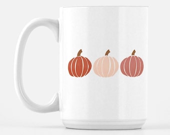 Three Pink Pumpkin Fall Mug, fall mug, autumn mug, halloween mug, gift for fall, coffee mug with pumpkins, ceramic, 15 ounce mug