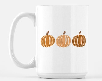 Three Orange Pumpkin Fall Mug, fall mug, autumn mug, halloween mug, gift for fall, coffee mug with pumpkins, ceramic, 15 ounce mug