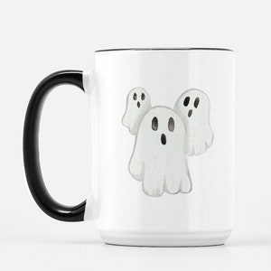 Ghost Watercolor Mug Black Handle, fall mug, autumn mug, halloween mug, spooky, gift for fall, coffee mug with ghosts, ceramic, 15 ounce mug