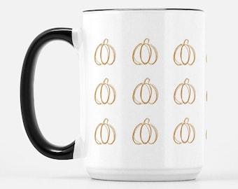 Orange Pumpkin Fall Mug Black Handle, fall mug, autumn mug, halloween mug, gift for fall, coffee mug with pumpkins, ceramic, 15 ounce mug