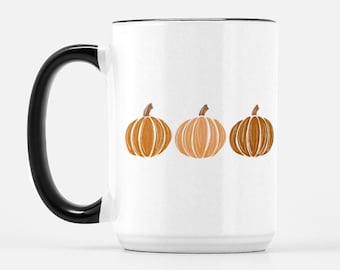 Three Orange Pumpkin Fall Mug Black Handle, autumn mug, halloween mug, gift for fall, coffee mug with pumpkins, ceramic, 15 ounce mug