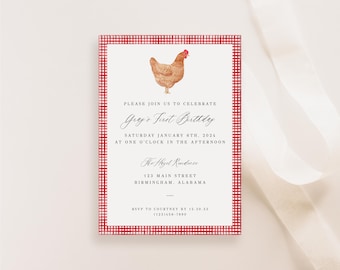 INSTANT DOWNLOAD - Customizable Chicken Birthday Invitation w Red Gingham, Baby Shower Invitation
