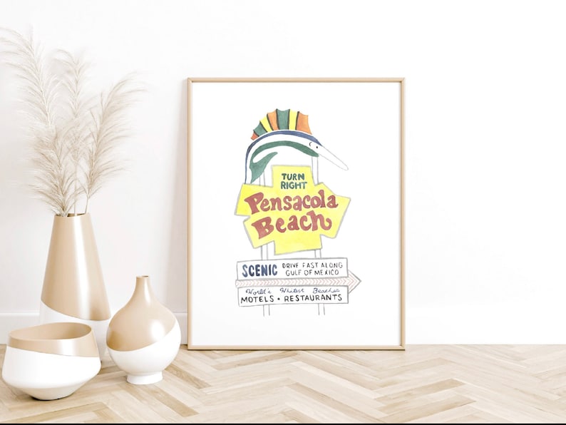 Pensacola Florida Beach Sign Watercolor Print, Beach house decor, Florida vacation prints, gift for friend, downtown pensacola art