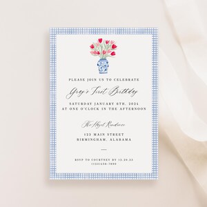 SOFORTIGER DOWNLOAD - Kundengerechte Tulpen mit Gingham-Geburtstagseinladung, Babypartyeinladung