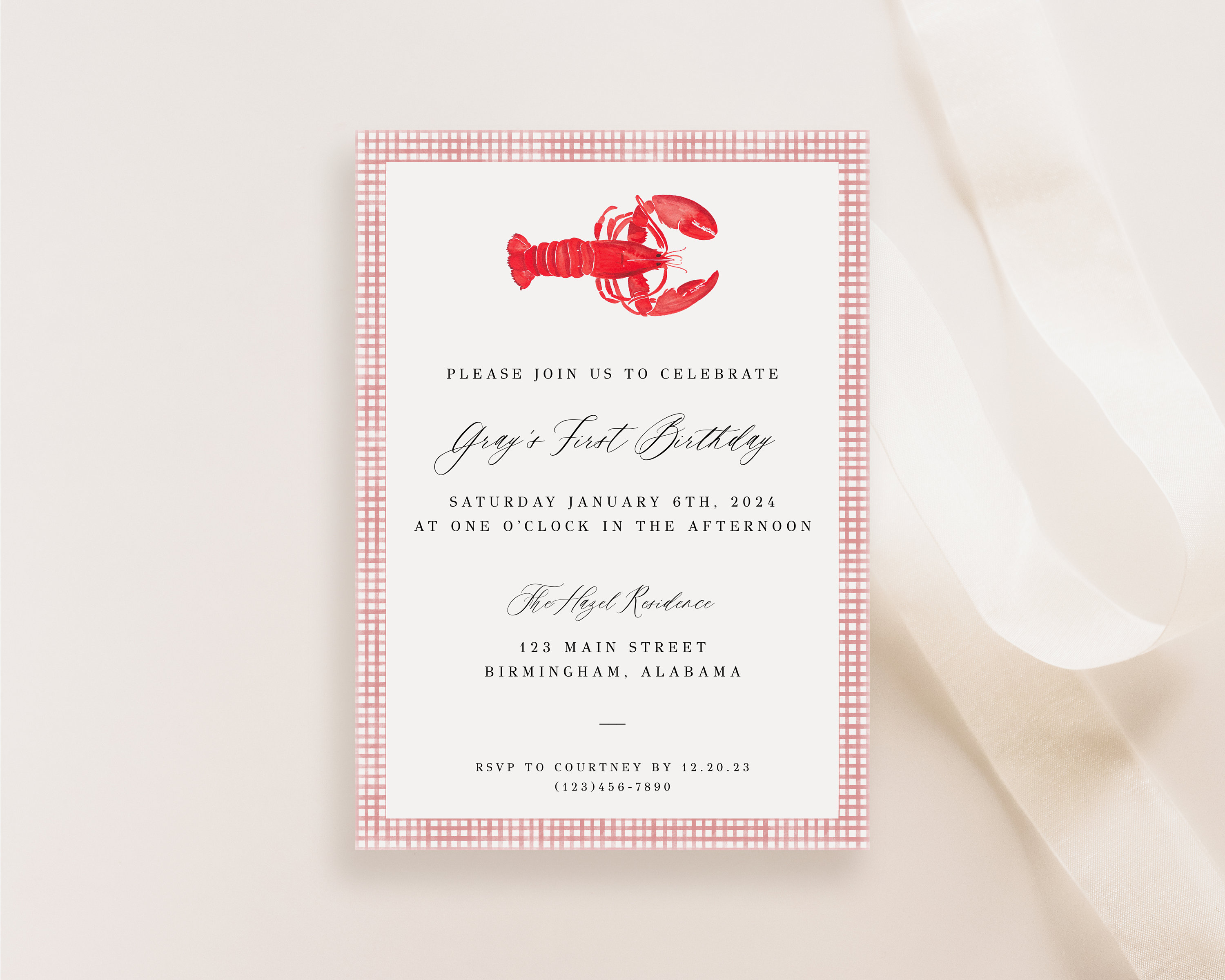 Customizable Classic Lobster Birthday Invitation W Buffalo Check, Baby Shower Invitation, lobster Invitation, INSTANT DOWNLOAD
