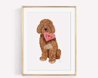 May include: A framed illustration of a brown dog holding a pink heart with the text "I ♥ U" in red.