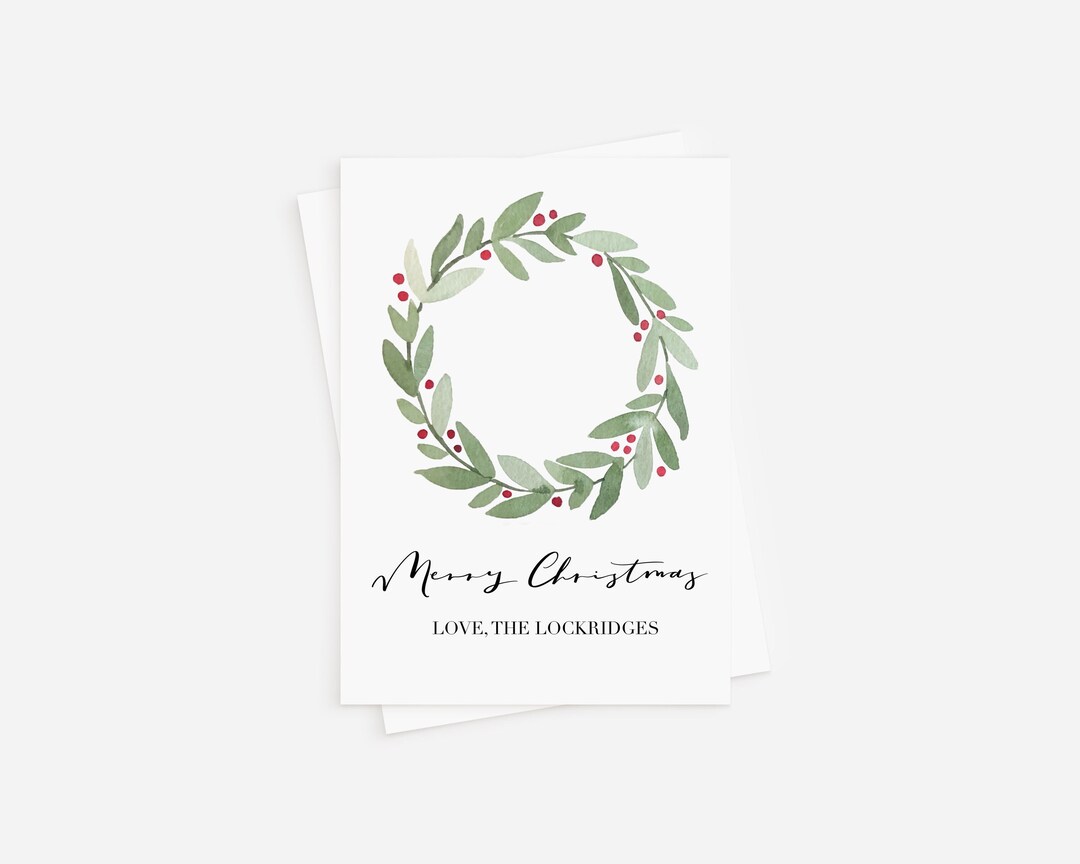 Custom Personalized Christmas Card, Wreath With Berries, Watercolor