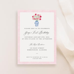 SOFORTIGER DOWNLOAD - Kundengerechte Tulpen mit rosa Gingham-Geburtstagseinladung, Babypartyeinladung