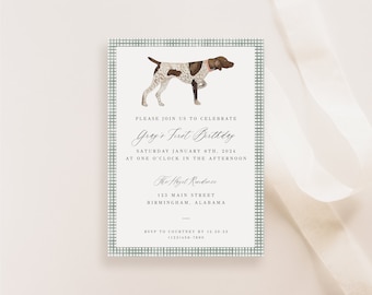 Customizable Classic German Shorthaired Pointer Birthday Invitation with Buffalo Check, Baby Shower, GSP Invitation, INSTANT DOWNLOAD