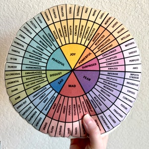 May include: A white circular cushion with a colorful wheel of emotions. The wheel is divided into 12 sections, each with a different color and a list of emotions. The emotions are arranged in a circle, with the most positive emotions at the top and the most negative emotions at the bottom.