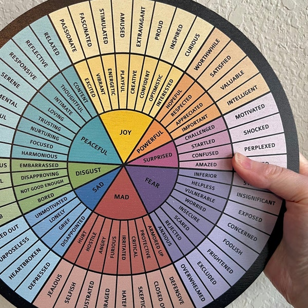 HANDHELD EMOTION WHEEL | Lightweight Wood | Feelings Circle | Mindfulness | Emotional Regulation | Therapist Gift | School Counselor