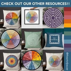 May include: A collection of nine different throw pillows featuring various designs, including a colour wheel with emotions, a labyrinth, and a box breathing exercise. The pillows are arranged in a grid pattern on a white background. The text "CHECK OUT OUR OTHER RESOURCES!!" is displayed at the top of the image. The text "@theartofpause" is displayed at the bottom right of the image.