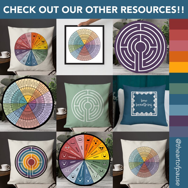 May include: A collection of nine different throw pillows featuring various designs, including a colour wheel with emotions, a labyrinth, and a box breathing exercise. The pillows are arranged in a grid pattern on a white background. The text "CHECK OUT OUR OTHER RESOURCES!!" is displayed at the top of the image. The text "@theartofpause" is displayed at the bottom right of the image.
