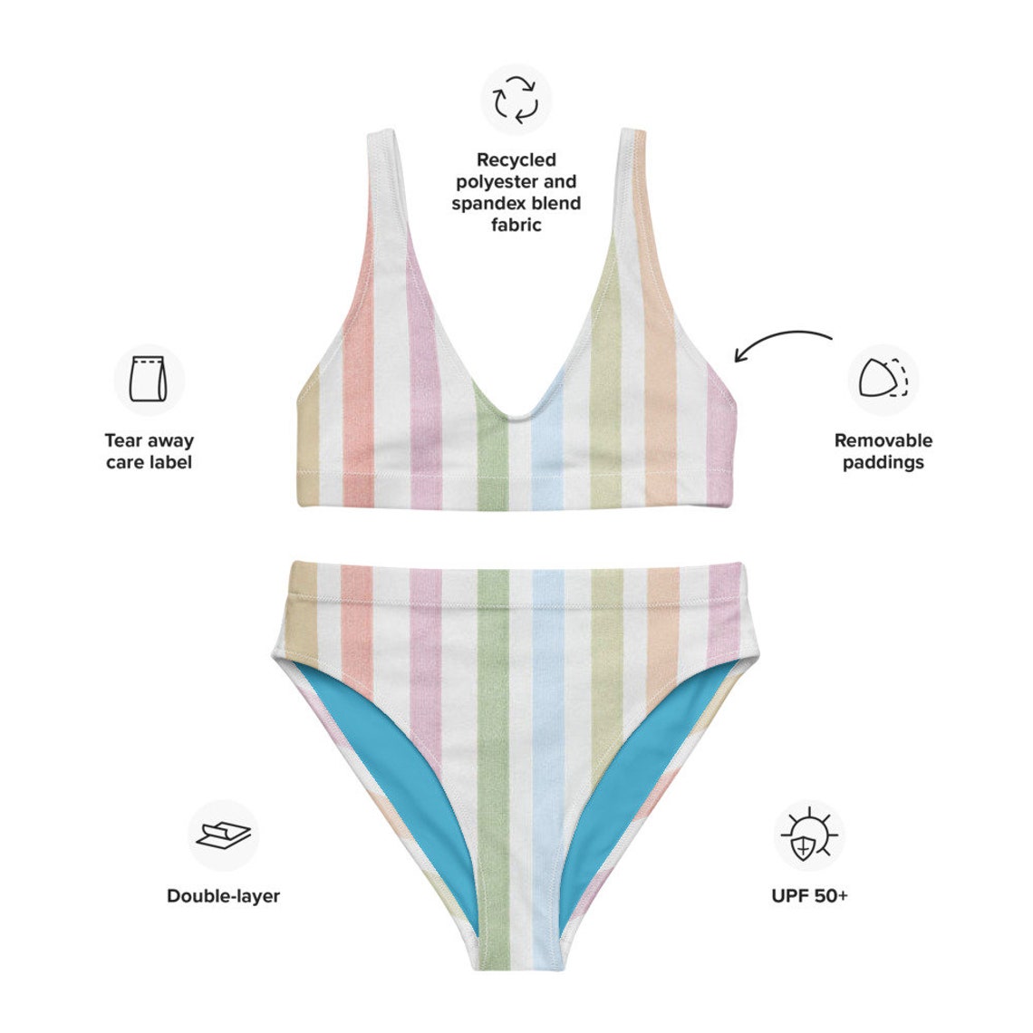 Cute Pastel Hippie Striped Modern Bikini Set Beach Swimwear Etsy