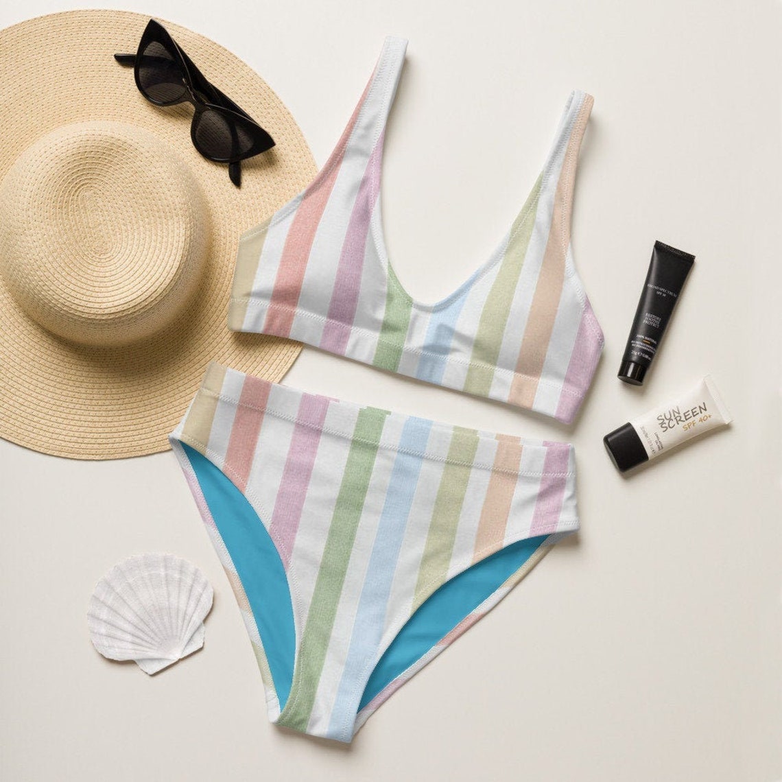Cute Pastel Hippie Striped Modern Bikini Set Beach Swimwear Etsy