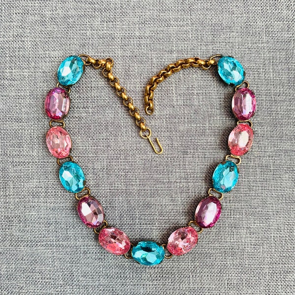 Pink & blue crystal necklace chocker earing statement set Anna Wintour S.J. Phillips style