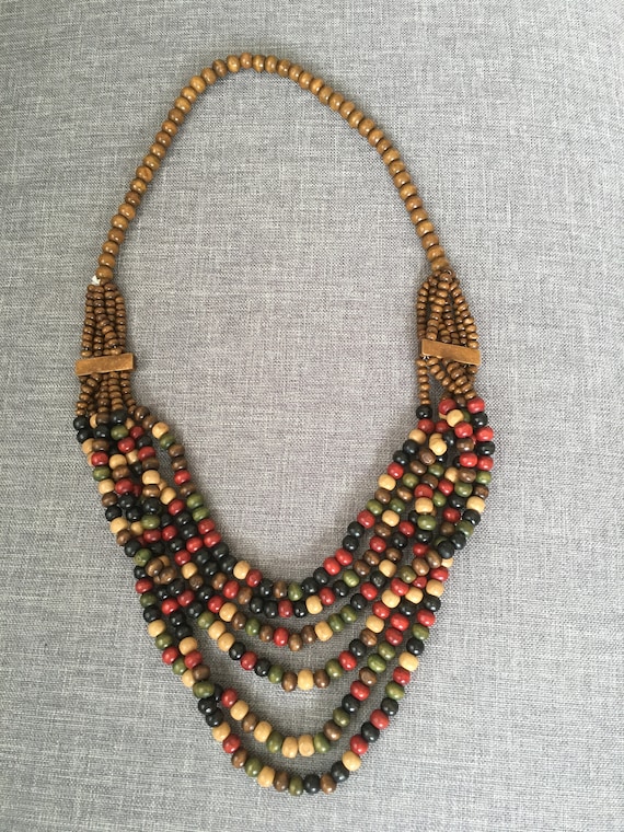 Wooden bead multicolor green red boho necklace