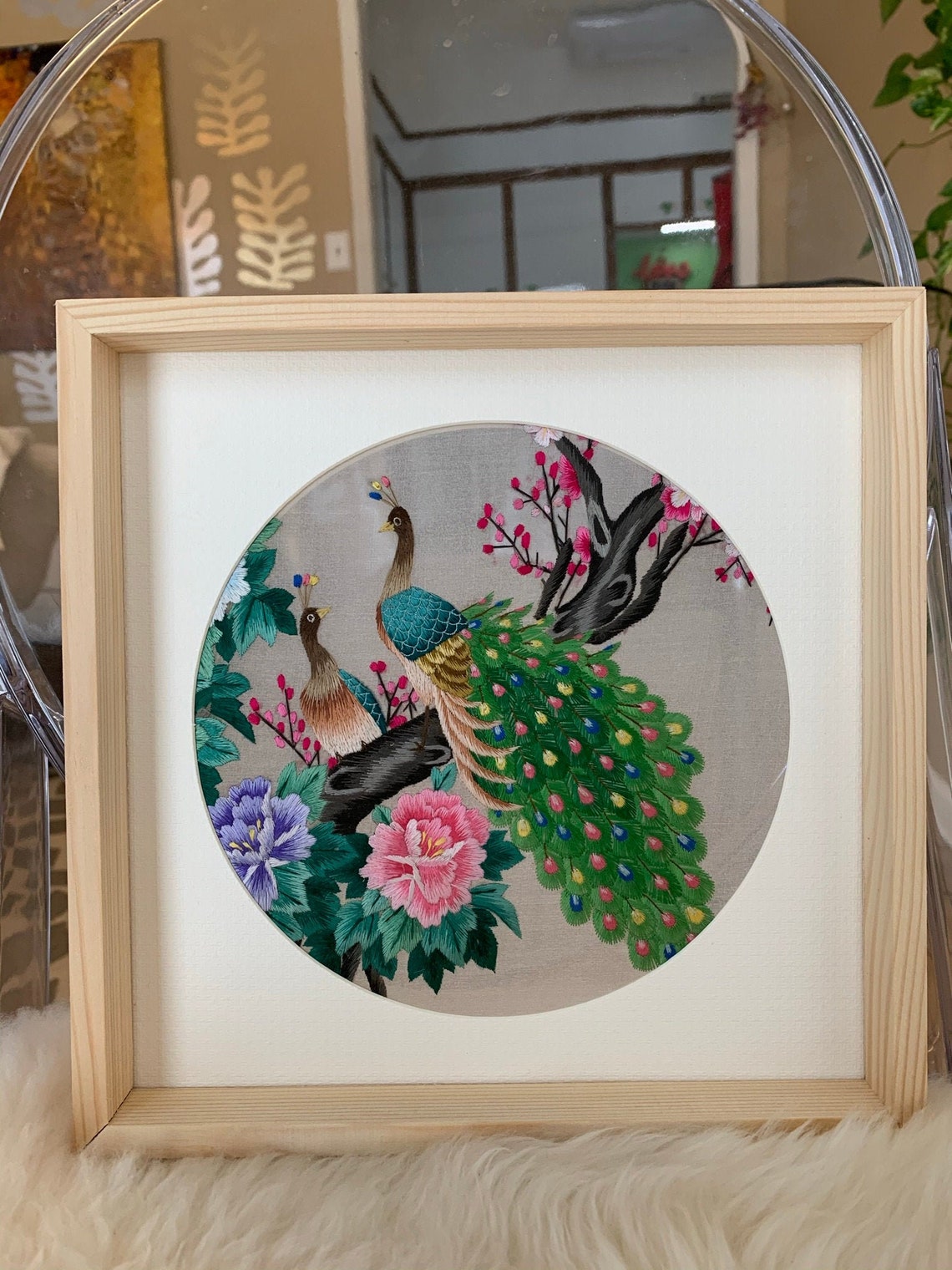 Handmade Doublesided Embroidery Home Décor Chinoiserie Art Peacock and