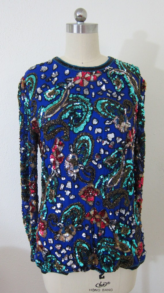 Vintage Sequin Beaded Silk Blue top/blouse