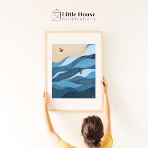 Sunday Surf Art Print | Minimalist Ocean Wave Illustration | Coastal Wall Art | Beach Decor with Surfboard & Umbrella