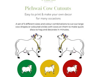 May include: A set of five printable cow cutouts in different sizes and colors. The cutouts can be used to make quick decorations for various occasions. The image shows two large cow cutouts and three smaller cow cutouts in circles with green, yellow, and red backgrounds.