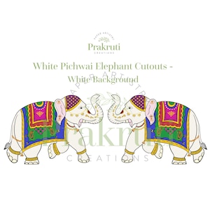 White Pichwai Elephants Cutouts - White background - ENLARGEABLE - House warming, Hindu Puja decor, Krishnashtami, Varalakshmi Puja