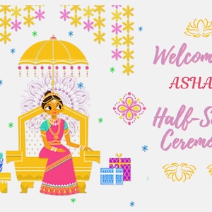 May include: Illustration for a Half-Saree Ceremony. A cartoon woman in a pink saree sits on a gold throne under a yellow umbrella. The text reads "Welcome to ASHA'S Half-Saree Ceremony."