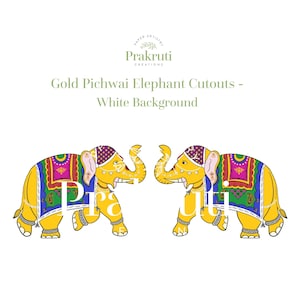 Customizable Gold Pichwai Elephants Cutouts | White Background, Enlargeable Decor for Housewarming, Krishnashtami, Varalakshmi Puja, Hindu