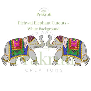 Pichwai Elephants Cutouts - White background - ENLARGEABLE - House warming, Hindu Puja decor, Krishnashtami, Varalakshmi Puja