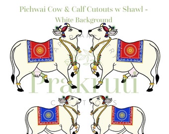 May include: Two white cows and two white calves with colorful shawls and gold necklaces. The cows and calves are standing on a white background. The text "Prakrutu Creations" is written in green below the cows and calves.