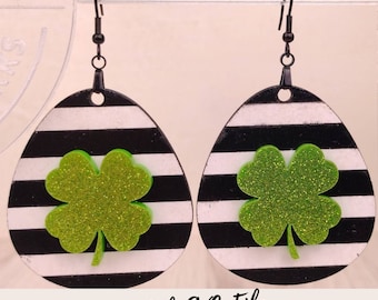 St. Patrick&#39;s Day Shamrocks Clovers on Stripes Earrings Glowforge Laser Cutter SVG Digital File