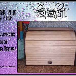 May include: Digital file for a bread box design. The design is for Glowforge and laser cutting. The image shows a wooden bread box with a hinged lid.
