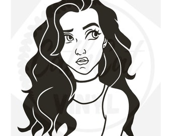 pretty girl with raised eyebrow long hair svg, png, jpeg and dxf files for cricut, silhouette,and cutting machines coloring page