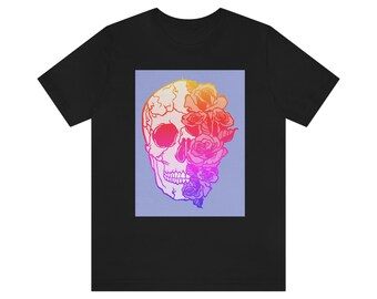 レインボーグラデーションスカル＆フラワーユニセックスジャージー半袖Tシャツ