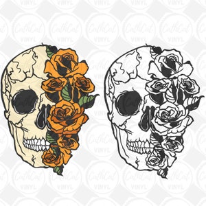 Calavera de Halloween con rosas rústicas naranjas individuales y en capas svg, png y jpeg descargar para cricut, silueta y máquinas de corte