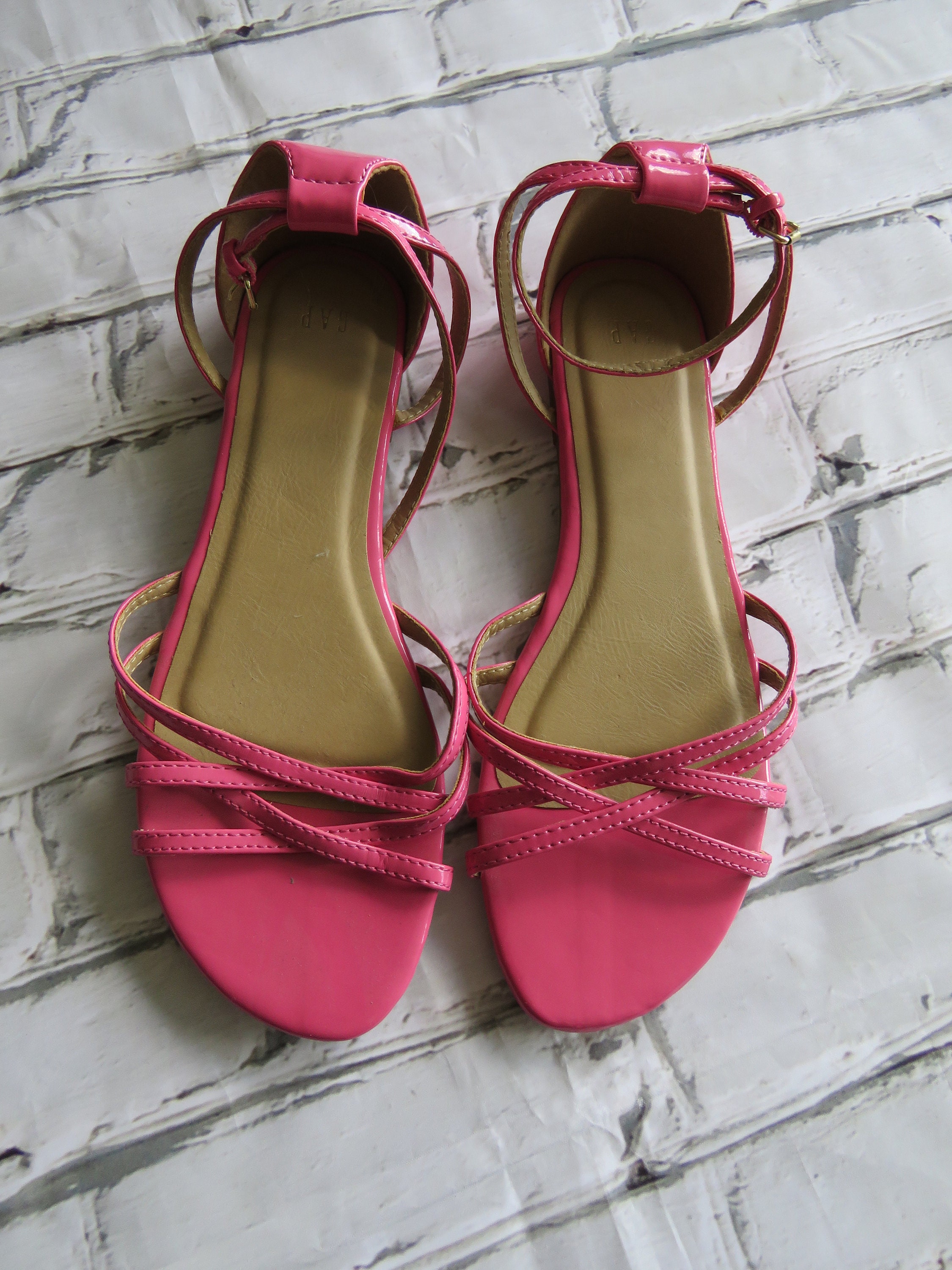 Hot Pink Patent Strappy Flat Sandals 