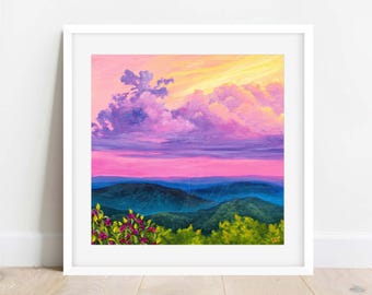 Mountain Sunset Painting Print: God's Glory Acrylic Landscape