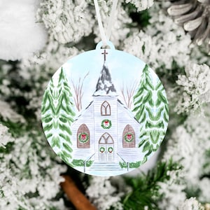 Church Christmas Ornament | Winter Church Watercolor Painting Ornament