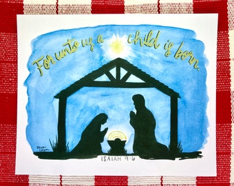 Nativity Scene Christmas Watercolor Painting Print | Christmas Collection