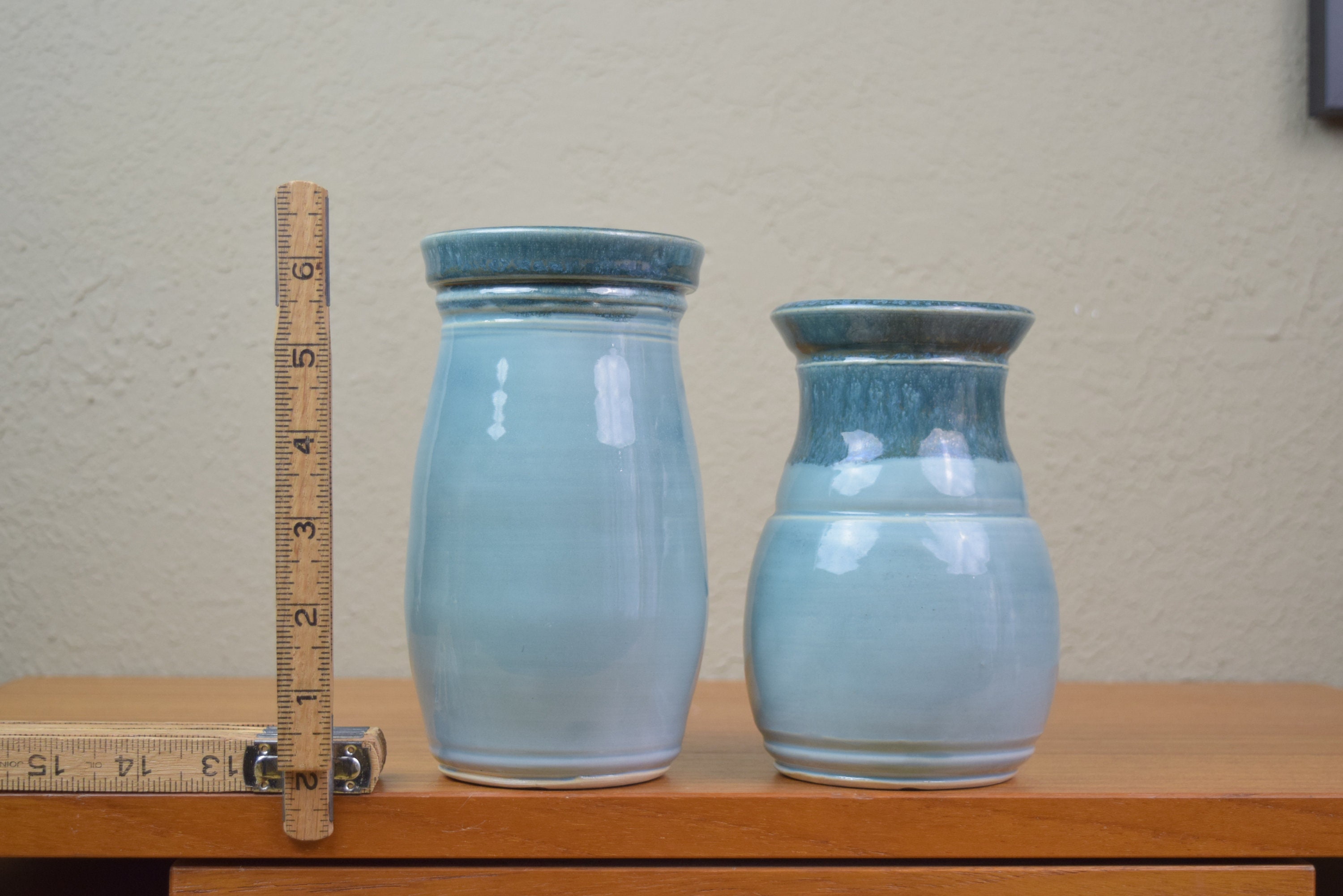 Vintage Studio Pottery Vases Signed Aqua Blue Drip Glaze Pair - Etsy