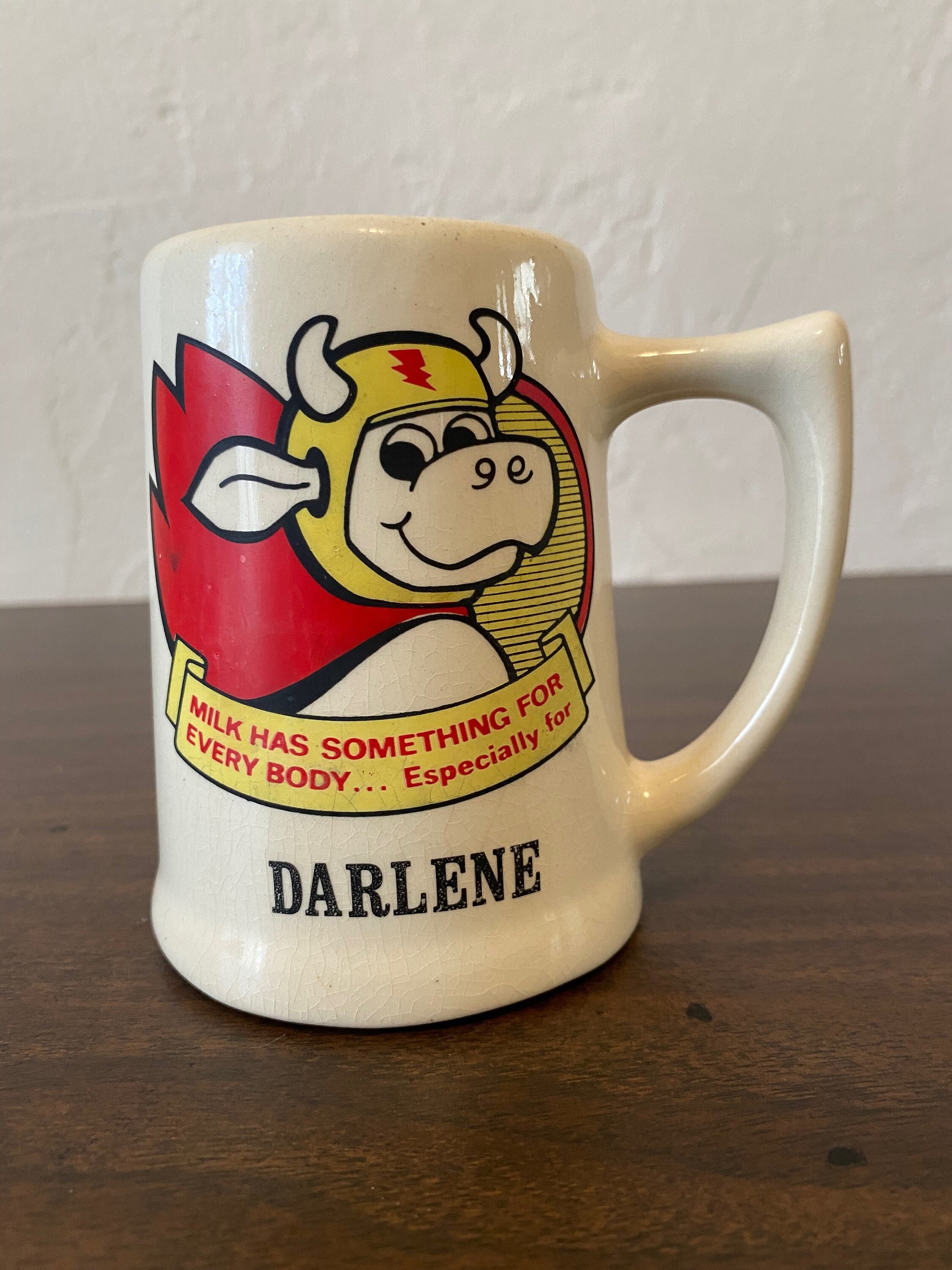Vintage "Darlene" Milk Mug Superhero Cow with Cape Mid Century