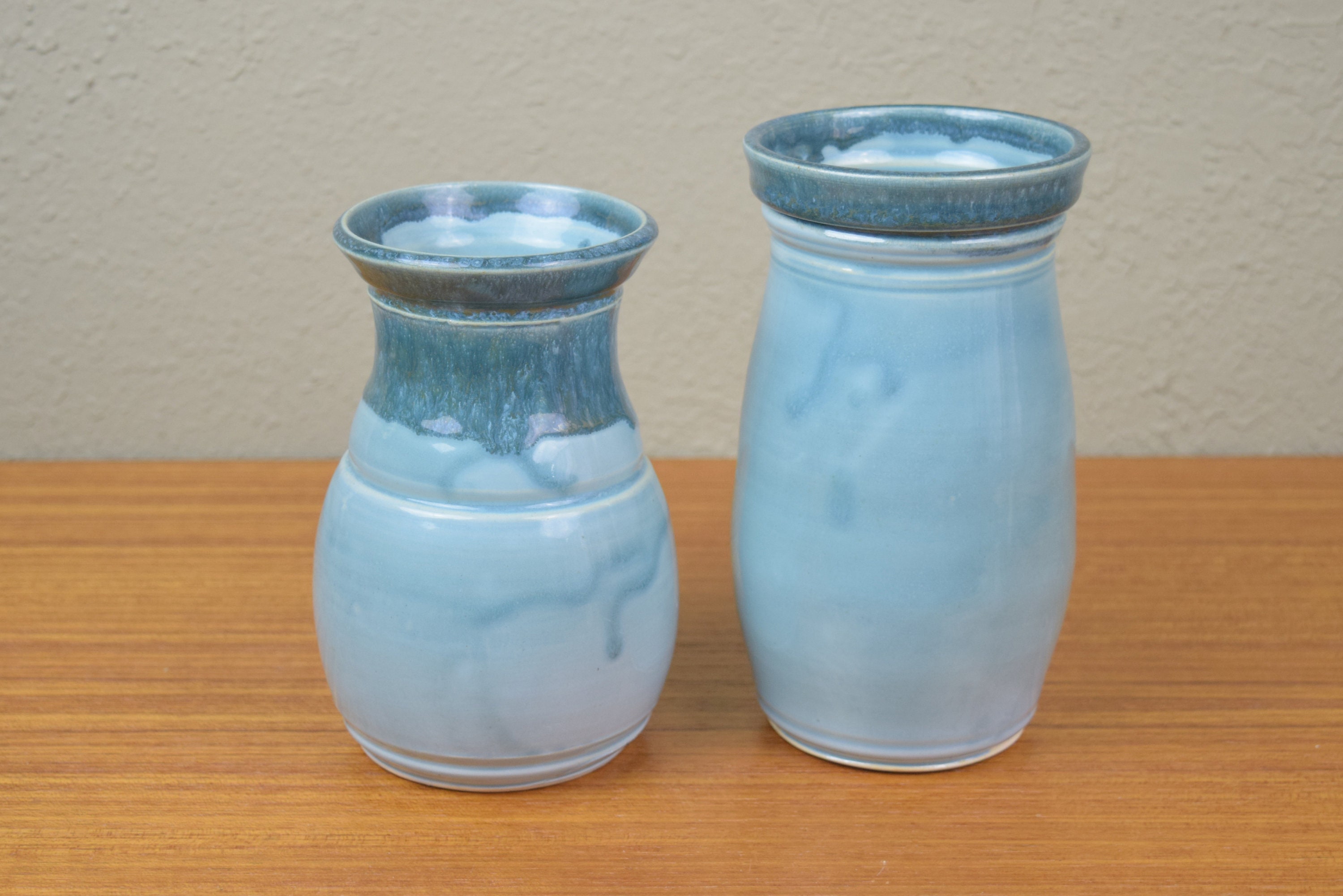 Vintage Studio Pottery Vases Signed Aqua Blue Drip Glaze Pair - Etsy