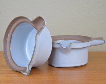 1980s Studio Pottery Vessel Soup Bowls Earth Tones Beige Brown Blue White Grey 2 Available
