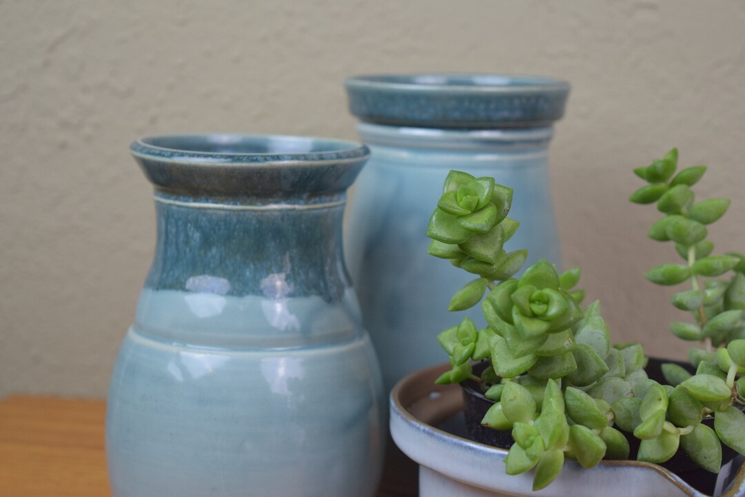 Vintage Studio Pottery Vases Signed Aqua Blue Drip Glaze Pair - Etsy