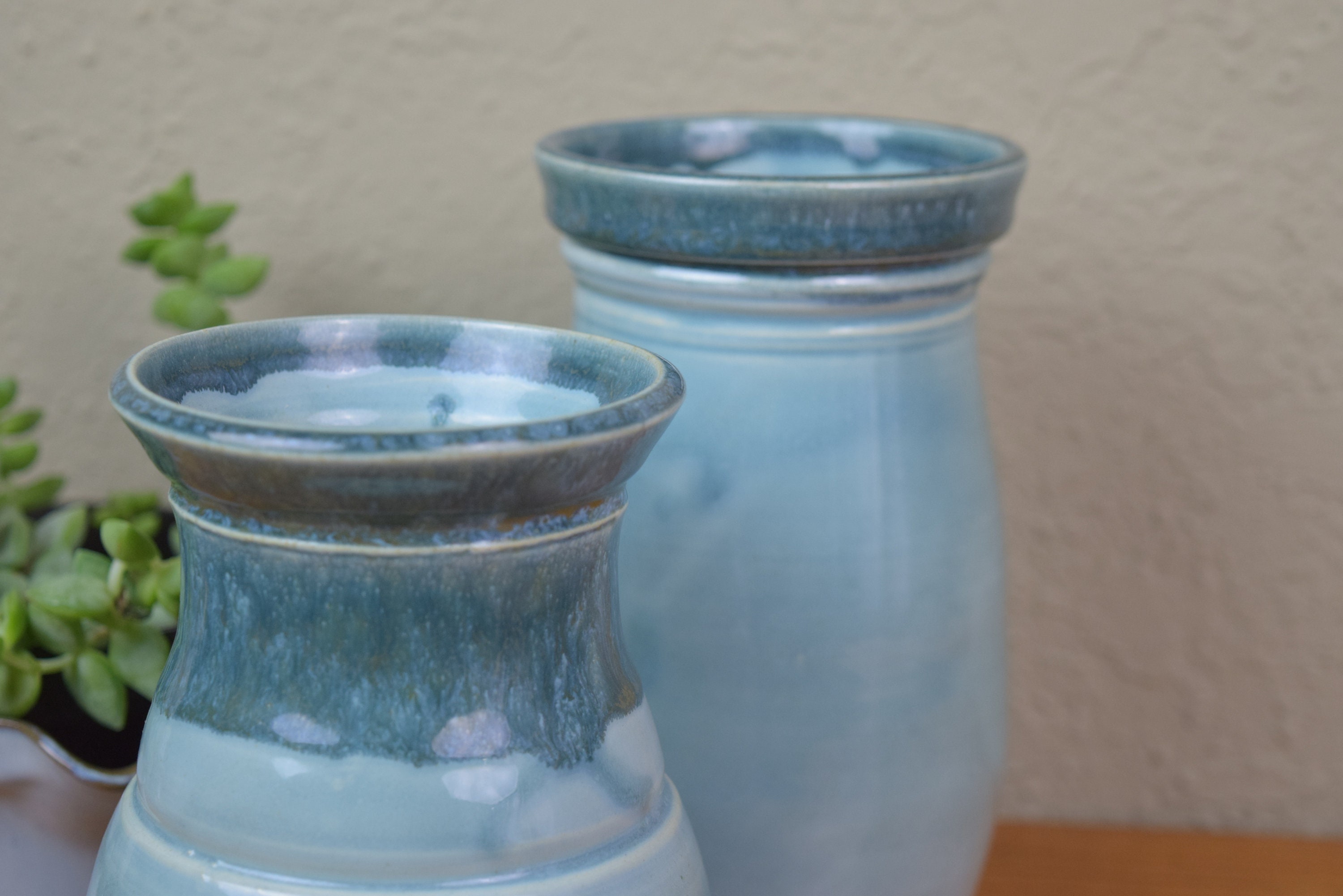 Vintage Studio Pottery Vases Signed Aqua Blue Drip Glaze Pair - Etsy