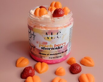 Sapone montato alla pesca e alla fragola, burro da bagno vegano, barattolo da 7 oz