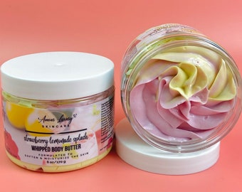 Burro corpo montato al gusto di limonata e fragola, con burro di karité biologico e burro di mango, idratante naturale, 170 g (6 oz).