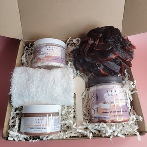 5 pc Spa Relaxation Gift Set, Chocolate & Coffee Scented Whipped Soap and Foaming Sugar Scrub, Shea and Mango Body Butter Self Care Gift